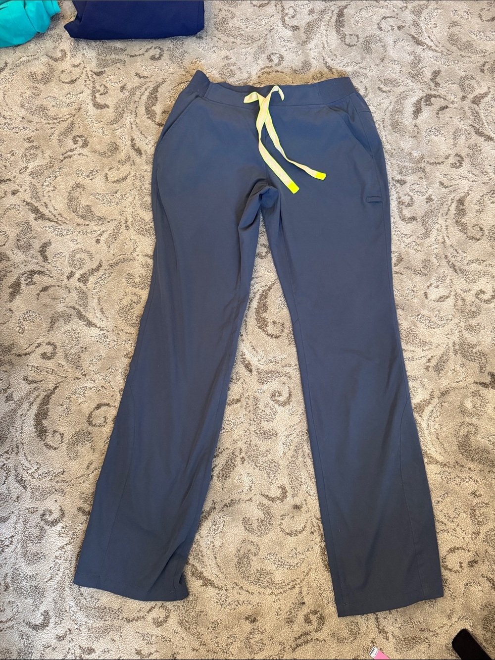 Navy Blue Drawstring Scrub Pants with Neon Yellow Tie